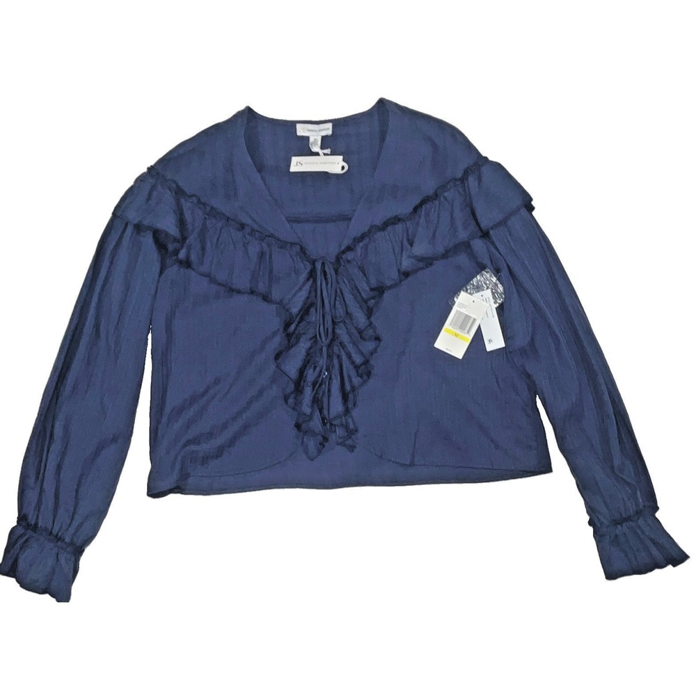 Jessica Simpson Womens Navy Blue Ruffle Tie Front Cotton Blouse Top Medium NWT